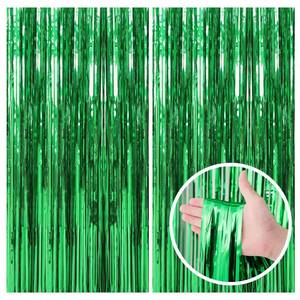 lot 16378 image: 2 Pack Green Streamers Backdrop Jungle Party Decorations Foil Fringe Backdrop Curtains Photo Booth Backdrop for Birthday Dinosaur Animal St Patricks Day Football Christmas Party Decorations - Retail $6
