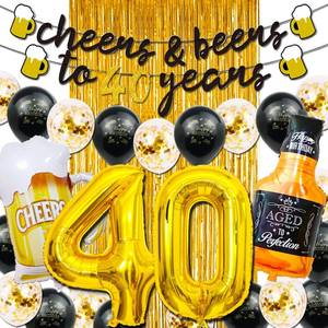 lot 16383 image: 40th Birthday Decorations for Men, 40 Birthday Decorations with 40 Inch Gold 40 Number Balloons, Cheers to 40 Years Banner,Fringe Curtains and Cups Foil Balloons - Retail $17