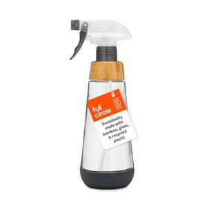 lot 16393 image: Full Circle Bottle Service-Refillable Glass Spray Bottle for Cleaning -Versatile Stream and Mist Options, Bamboo, Silicone Boot- Ideal for Non-Toxic Solutions and Plant Care, 16oz, Gray - Retail $14