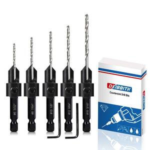 lot 16413 image: 5-pc Countersink Drill Bit Set, 3in1 Woodworking Counterbore Hole Drill Bits for #6 8 10 12 16 Screws, Depth Adjustable M2 Pilot Drill Bits, 82-Degree Chamfer, 14� Hex Shank, 2 Allen Wrench - Retail $15