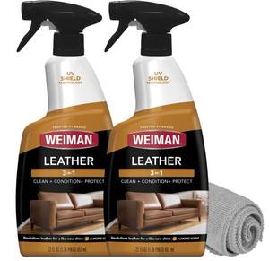 lot 16415 image: Weiman Leather Cleaner Conditioner and Protector for Couches, Boots, Chairs, Bags, Purses and Auto Interior with Microfiber Towel Included (2 Pack) - Retail $25