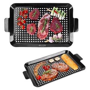 lot 19917 image: 2PCS Grill Topper Pans BBQ ACETOP Nonstick Barbecue Grilling Baskets Outdoor Stainless Steel BBQ Grill Tray with Perforated Bottom for Indoor Camping Chicken Drumsticks Vegetable Shrimp Meat - Retail $27