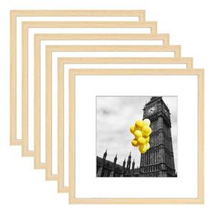lot 19923 image: BSRHOME 12x12 Picture Frame Set of 6, Display Pictures 8x8 with Mat or 12x12 Without Mat, Tabletop Display and Wall Hanging Photo Frame, Gallery Wall Frame Set, Natural Wood Color - Retail $33