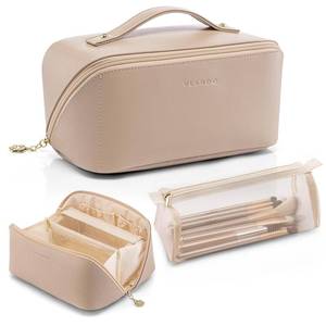 lot 19928 image: Vlando Makeup Bag,Gifts for Teachers,Large Capacity Toiletry Bag for Women Waterproof Portable Make up Pouch PU Leather Open Flat Cosmetic Bag(Toffee) - Retail $319