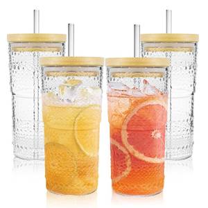lot 19931 image: 4 Pack 20oz Hobnail Drinking Glasses with Bamboo Lids and Glass Straw,High Borosilicate Glass Tumbler Cup Reusable Wide Mouth Smoothie Cups,Beer, Iced Coffee Glasses, Soda - Retail $32