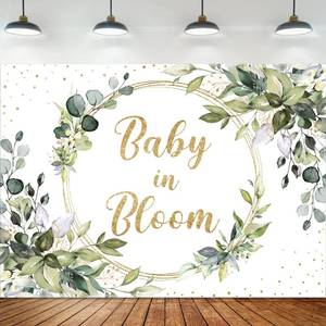 lot 20337 image: Omifly Baby in Bloom 7Wx5H Backdrop for Photography Eucalyptus Green Leaves Botanical Gold Glitter Star Baby Shower Background Party Decorations Cake Table Banner Decor Photo Booth Studio Props - Retail $15