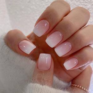 lot 20338 image: Qsnidy Press on Nails Square - French Ombre Pink Fake Nails Short Acrylic Full Cover Glue on Nails in 12 Sizes - 24 Piece Nail KitNatural Fit for Women and Girls Daily Wear - Retail $8