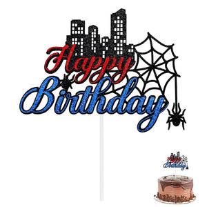 lot 20343 image: Cartoon Spider Birthday Cake Topper, Glitter Paper Cartoon Themed Happy Birthday Cupcake Topper Double-Sided Party Decoration for Boy and Girl - Retail $5