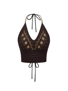 lot 20345 image: SHENHE Womens Open Back Knitted Halter Crop Top Tie Backless Embroidered Hippie Top Coffee Brown Small - Retail $27