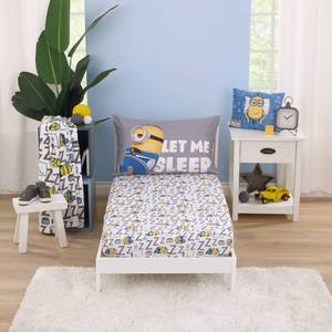 lot 20358 image: Illumination Lazy Minions Club Gray, Blue, Yellow, and White Let Me Sleep 2 Piece Toddler Sheet Set - Fitted Bottom Sheet, Reversible Pillowcase - Retail $20