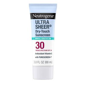 lot 20374 image: Neutrogena Ultra Sheer Dry-Touch Mineral Sunscreen For Face and Body, SPF 30 Broad-Spectrum UVAUVB Protection, Titanium Dioxide and Zinc Oxide Sunscreen, Oxybenzone-Free, 3.0 fl. oz - Retail $10