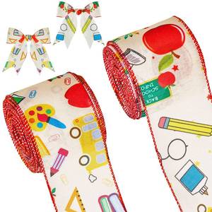 lot 20376 image: 2 Rolls 20 Yards Back to School Wired Edge Ribbons School Themed Ribbon Teacher Pattern Wrapping for Hair Bow Wreath Decor Crafts, 2 Styles - Retail $12