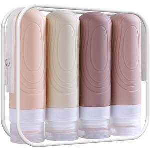 lot 20394 image: GLAMFIELDS TSA Approved Travel Bottles for Toiletries, 3oz Size Leak Proof Silicone Containers for Shampoo, Conditioner,Easy to Squeeze and Portable, Essentials for Traveling (4 Pack) Apricot - Retail $9