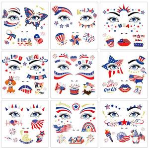 lot 20404 image: HOWAF 9 Sheets USA Glitter Face Tattoos, 4th of July Face Art Temporary Tattoo for USA Patriotic Parades Celebrations, Red White Blue Face Tattoos Stickers for Independence Day Supplies - Retail $8
