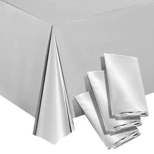 lot 20411 image: Juvale 3 Pack Plastic Table Cloths - Metallic Silver Plastic Tablecloth for Birthday Party Decorations (Shiny Foil, 54x108 Silver Tablecloth) - Retail $10