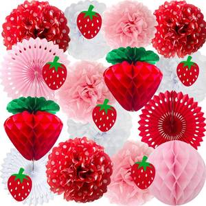 lot 20415 image: ANSOMO Strawberry Party Decorations Red Pink White Tissue Pom Poms Fans Honeycom Balls Lanterns Garland Classroom Berry Sweet Fruits 1st One Birthday Bridal Baby Shower Dcor Supplies Girls - Retail $13