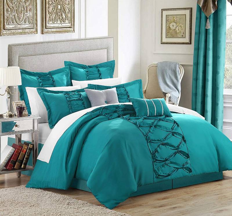 lot 5518 image: Chic Home 8-Piece Ruth Ruffled Comforter Set, Queen, Turquoise