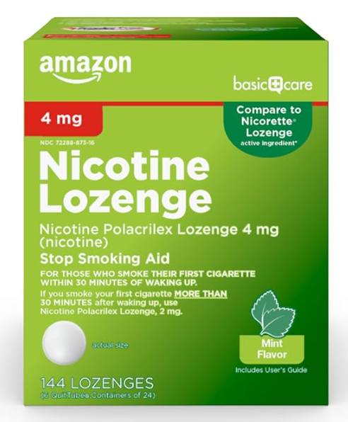 lot 22939 image: Amazon Basic Care Nicotine Polacrilex Lozenges 4mg Mint 144 Lozenges