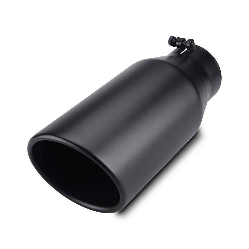 lot 28485 image: LCGP Bolt On Diesel Exhaust Tip 4, 6 outlet 15 Long Truck Tip, Rolled Angle Cut, Black Powder Coated