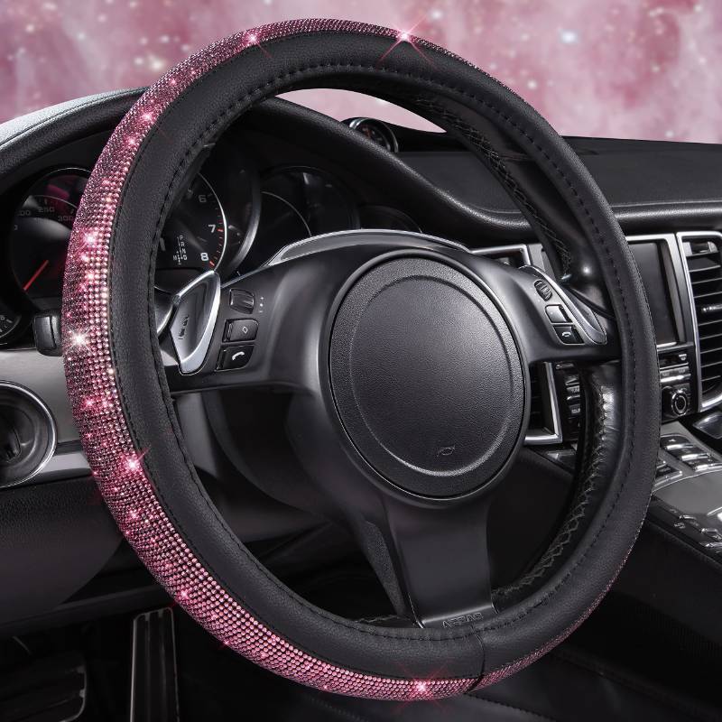 lot 28499 image: CAR PASS Bling Diamond Leather Steering Wheel Cover, Bling Sparkly Crystal Glitter Rhinestones Universal Fit 14 12-15 Car Wheel Protect for Women Girl Fit Suvs,Vans,Sedans,Cars,Trucks, Pink Black