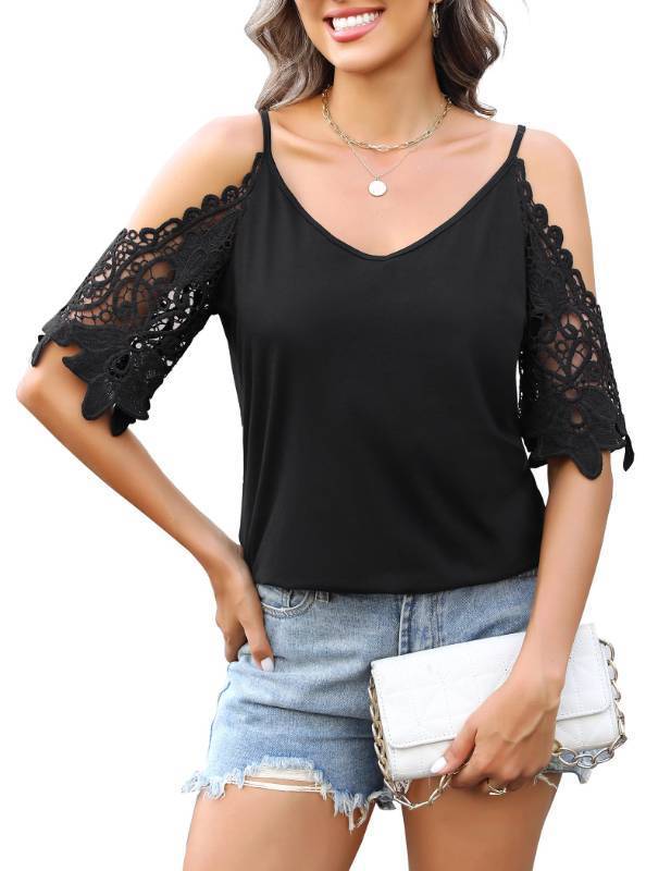 lot 30731 image: Women Summer Short Sleeve Shirt Lace Short Sleeve Cut Out Blouse Cold Shoulder Solid Color Fashion Casual Top Tees Black Size XL