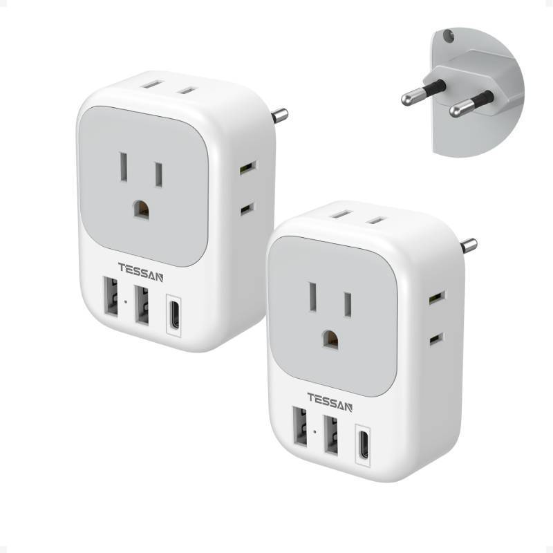 lot 42615 image: 2 Pack European Plug Adapter USB C, TESSAN US to Europe Adapter 4 Outlets 3 USB Charger, Type C International Power Adaptor to Italy Spain France Portugal Iceland Germany, Europe Travel Essentials