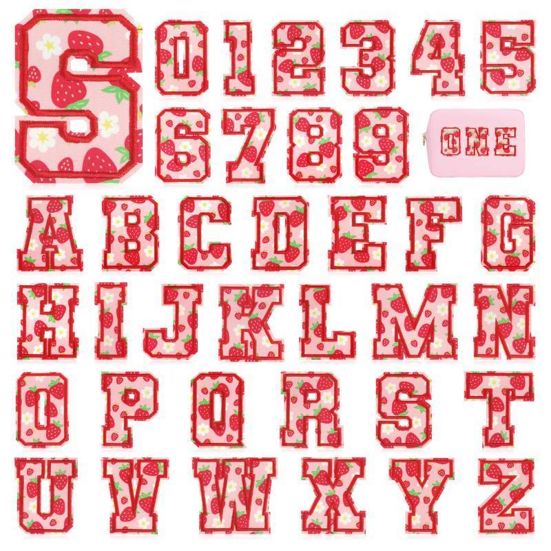 lot 42632 image: KINGSOW Strawberry Iron on Patches for Kids Preppy Letters A-Z and Numbers 0-9 Appliques for Clothing Backpacks Bags - Cute DIY Crafts for Parent-Child Activity Girls Daughter Gifts