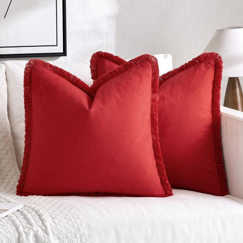 lot 28436 image: MIULEE Throw Pillow Covers Boho Farmhouse 22x22 Christmas Set of 2 Decorative Christmas Red Couch with Fringe Chic Cotton Pillowcases Home Decor Accents for Cushion Soft Bed Living Room