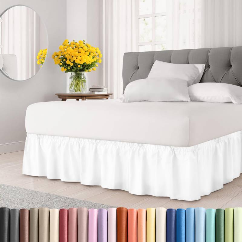 lot 30752 image: Wrap Around Dust Ruffle Bed Skirt - White - for Queen Size Beds with 12 Inch Drop - Easy Fit Elastic Strap - Adjustable Pleated Bedskirt wBrushed Fabric - Wrinkle Free - for Women, Men, Kids & Teens