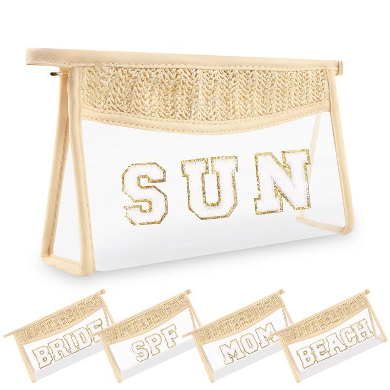 lot 30778 image: Small Boho Straw Clear Sun Makeup Bags for Women&Girls, Zipper Cosmetic Bag Chenille Varsity Letter Patch Bag, Preppy Cute Toiletry Pouch, Trendy Organizer Storage Bag for Beach Travel Essentials Fabric Has Pulled Away From Seam, Could Be Sewn