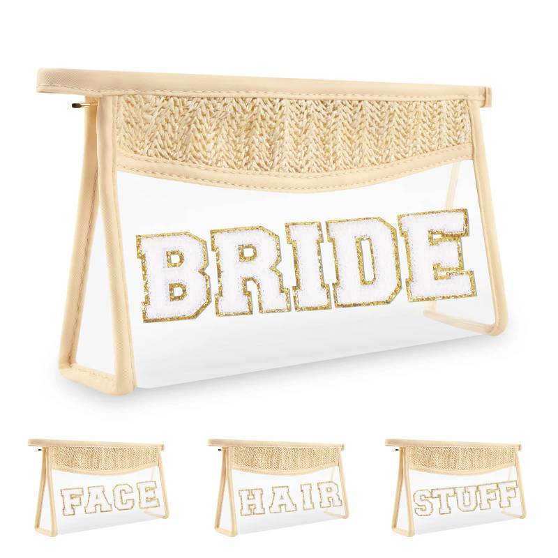 lot 30779 image: Bride Patch MRS Clear Makeup Letter Bag, Boho Patch Waterproof Zipper Make up Bag Toiletry Pouch for Women Girls, Clear Letter Patch Cosmetic Bag Transparent Organizer Pouch for Travel(Bride, Beige)