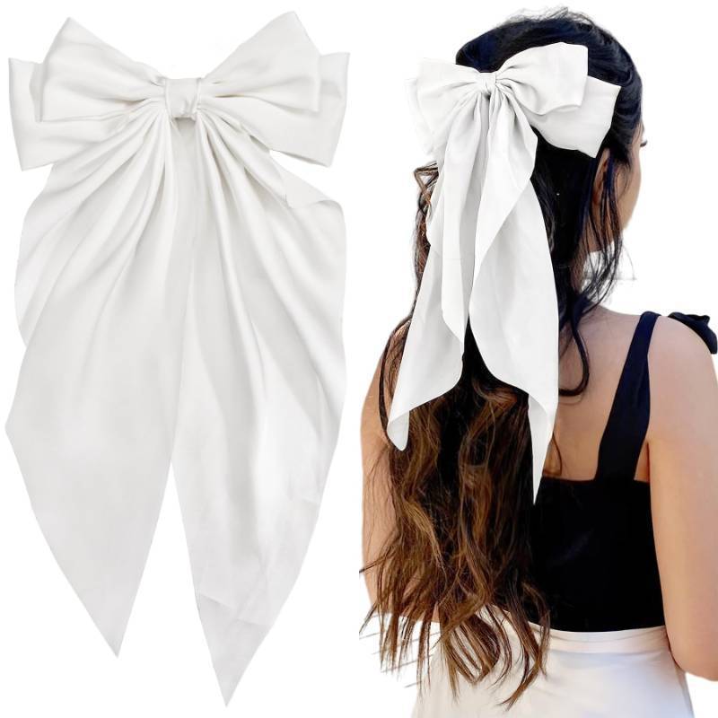 lot 31534 image: JOYOYO Satin Hair Barrettes - Large Ribbon Clips, Giant Bow Ponytail Holders, and Silk Hair Accessories for Girls (White)