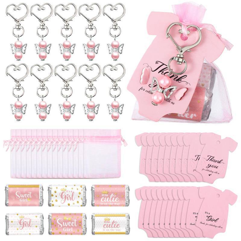 lot 32756 image: Teling 50 Sets Baby Shower Party Favors Baby Shower Angel Keychains Label Sticker Cards Organza Bags for Baptism Party(Pink)