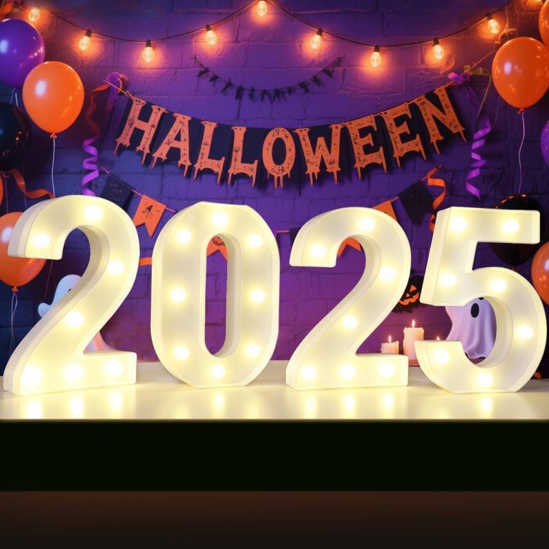 lot 41714 image: 2025 Number Sign, 2025 Marquee Light Up Numbers for Halloween Decorations, Battery Operated Number Lights 2025 Party Supplies for Halloween Christmas Party Table Decor-White 9 tall