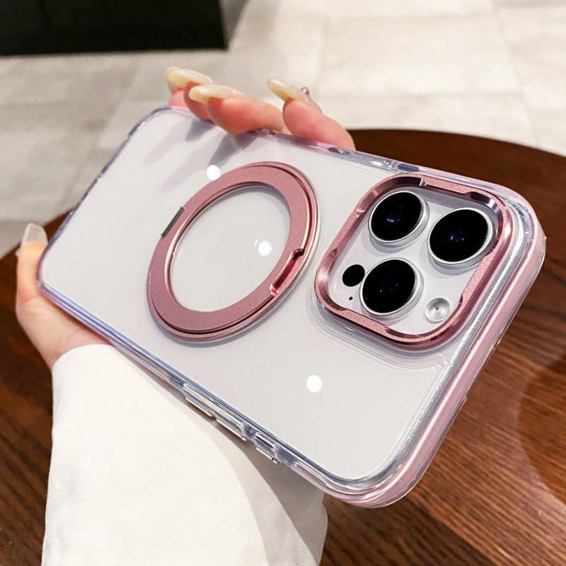 lot 41717 image: OWLSTAR for iPhone 16 Pro Case with Rotatable Magnetic Ring Stand, Compatible with MagSafe, Non-Yellowing Clear Hard-Back Protective Kickstand Phone Case 6.3 inch (Pink)