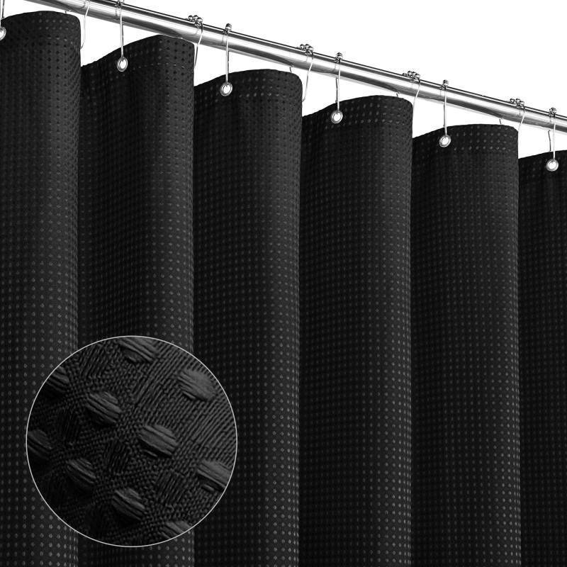 lot 50405 image: MitoVilla Black Waffle Fabric Shower Curtain, Heavyweight Hotel-Grade Cloth Shower Curtain for Modern Country Bathroom Decor, Waterproof & Wrinkle Resistant, 72 x 72