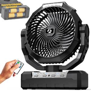 lot 3773 image: Battery Operated Fan 200H Max, 2 in 1 D-Cell Battery & USB Powered Fans, Portable Camping Fan with 4 Speeds, Light, Timer, Remote for Outdoor Tent, Travel, Picnic, Office, Bedroom - Black