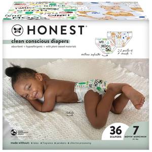 lot 27341 image: The Honest Company Clean Conscious Diapers  Plant-Based, Sustainable  Barnyard Babies A Pawty  Club Box, Size 7 (41 lbs), 36 Count
