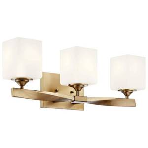 lot 27355 image: KICHLER Marette 23 in. 3-Light Champagne Bronze Contemporary Bathroom Vanity Light with Satin Etched Cased Opal Glass (Missing 1 Glass Cover)