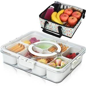 lot 27369 image: Artcome Divided Serving Tray with Handle, 8 Compartments, & Carry Bag - Snackle Box & Portable Snack Platters - Organize Snacks and Appetizers - Perfect for Picnics, BBQs, Outdoor Dining & Gatherings
