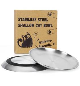 lot 27381 image: Supet Cat Plates for Wet Food, Non-Slip Whisker Friendly Bowls, Stainless Steel Shallow Wide Dishes for Indoor Cats (13Oz, 2Pcs)