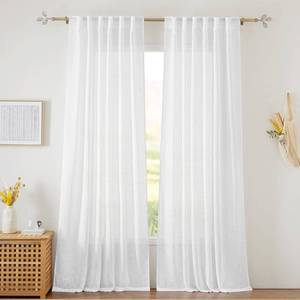 lot 27387 image: RYB HOME Linen Sheer Curtains for Living Room Textured Semi Sheer Curtains Large Window Treatment for Bedroom Patio Door, White, 52 inch Width x 108 inch Length, 2 Panels