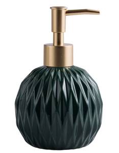 lot 27408 image: Ceramics Gold Soap Dispenser for Bathroom, Round Soap Dispenser with Delicate Embossed Rhombus Design (Dark Green)