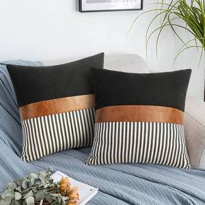 lot 33433 image: 22x22 Pillow Covers Set of 2 Boho Rustic Farmhouse Decorative Striped and Black Linen Throw Pillow Covers Modern Brown Faux Leather Covers for Couch Sofa, Black Striped