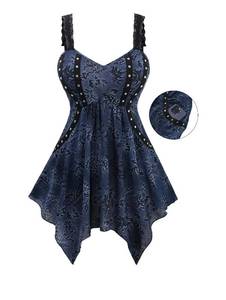 lot 33456 image: Rosegal Women Plus Size Flowy Summer Goth Tank Top Punk Rivets Distressed Floral Lace Straps Handkerchief Tank Top with Pockets Backless Hanky Hem Sleeveless Shirt(Blue XL)