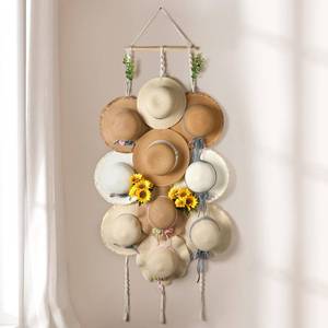 lot 33470 image: Macrame Hat Hangers for Wall Wide Brimmed Hat Holder Storage 10 Clips Hat Rack Organizer for Wall Display Boho Decor for Fedora Sun Hats Straw Panama Closet Bedroom Gifts for Mom