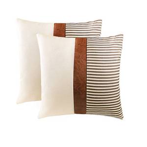 lot 33471 image: TIMDAM Farmhouse Decorative Throw Pillow Covers 18x18, Set of 2 Couch Pillow Cover for Living Room, Stripe Patchwork Linen Pillow Covers, Modern Accent Decor Square Faux Leather Throw Pillow Cases