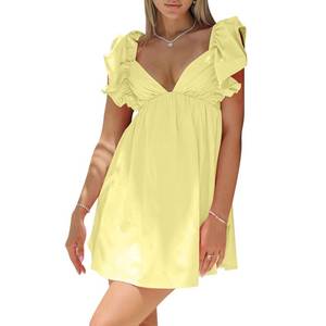 lot 33495 image: hibshaby Sexy Deep V Neck Ruffle Sleeve Mini Backless Lace Up Babydoll Summer Short Dress Yellow M