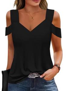 lot 33740 image: Soesdemo Summer Black Tops Womens Tunic Top Short Sleeve Cold Shoulder V Neck Loose Fit Basic Tee Casual Tops Shirts Blouse -Lg