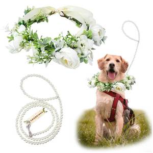 lot 34067 image: Dog Flower Collar, Dog Wedding Collar and Pearls Leash Set Adjustable Wreath Wedding Outfit Flower Collar Pet Photo Prop (Medium)